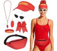 Alaoo Accesorios de Salvavidas,7 PCS Juego de Disfraz de Salvavidas con Riñonera,Silbato Deportivo,Gorra, Pulsera,Gafas Sol Blancas, Accesorio cabello con lazo, Salvavidas Llavero Flotante
