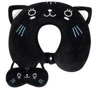 Alaoo Almohada de Viaje para Niños,Almohada Cuello en Forma de U Espuma Memoria,Animales Lindos Cojin de Viaje Cuello con Antifaz para Silla de Avión, Coche,Cojín de Descanso para Dormir(Gato Negro)