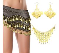 Alaoo Cinturón Danza del Vientre Mujer, 3PCS Bufanda para Danza del Vientre Con Collar y Pendientes 128 Monedas Lentejuelas Brillantes, Envolvente de Falda de Danza del Vientre para Representaciones