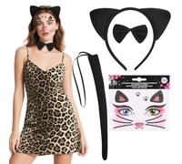 Alaoo Conjunto de Disfraces de Animales, 4 Pcs Conjunto de Tocado de Gato, Pegatinas para Tatuajes Faciales Diademas Colas Pajaritas para Accesorios de Disfraces de Fiesta de Halloween