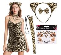 Alaoo Conjunto de Disfraces de Animales, 4 Pcs Disfraz de Leopardo Accesorios, Pegatinas para Tatuajes Faciales Diademas Colas Pajaritas para Accesorios de Disfraces de Fiesta de Halloween