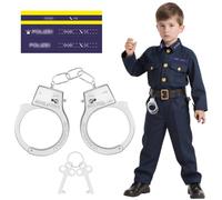 Alaoo Policía Juguete Kit,2 PCS Esposas de Plicía con Pegatinas,Esposas De Metal Con Llave para Niños Halloween Fiesta Carnaval Juego de Roles Accesorios