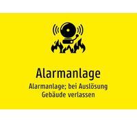 Alarma - Sistema de alarma; salir del edificio cuando se activa, cartel de aluminio A4: 297 x 210 mm, con gráficos y texto