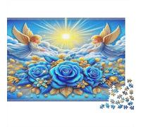 Alas de Ángel Rompecabezas para Adultos Desafiante: Ángeles con Rosas Azules para Adultos Adolescentes y Mayores Gran Regalo 70x50cm/1000pcs