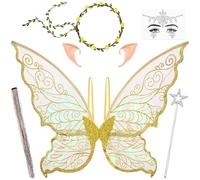 Alas de Hada Mariposa para Adultos y Niñas, Disfraz de Hada con Orejas de Elfo, Corona Floral, Varita Mágica Estrella y Pegatinas Faciales, Adecuado para Halloween, carnaval, cosplay,fiestas temáticas