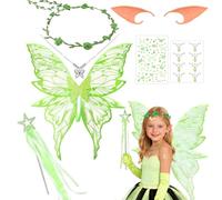 Alas de Hadas Para Adultos Niños, Disfraz de Hada Con Alas De Mariposa, Orejas De Elfo, Diadema de Hada Y Varitas De Estrellas, Alas de Elfo Fairy Wings Para Carnaval, Cumpleaños, Cosplay (Verde)