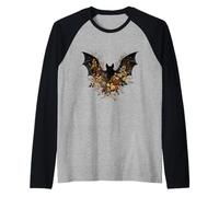 Alas de murciélago Floral Luna otoño Halloween Lindo Divertido Mujeres Hombres Camiseta Manga Raglan