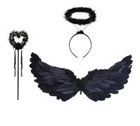 Alas y halo de ángel Negros, alas de Pluma de 60 * 30 cm, Diadema de halo de ángel, alas de ángel Negro, alas de ángel caído, Disfraces para Fiestas de Halloween, Navidad, cumpleaños y decoración.
