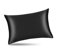 ALASKA BEAR - Funda de almohada de seda natural, hipoalergénico, 19 Momme, 600 hilos 100% de seda, tamaño queen con cremallera oculta, 50x75 cm,1 unidad, Negro