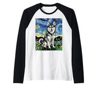 Alaskan Klee Kai Noche Estrellada Linda Obra de Arte Amante de los Perros Camiseta Manga Raglan