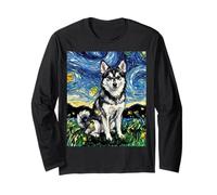 Alaskan Klee Kai Noche Estrellada Linda Obra de Arte Amante de los Perros Manga Larga