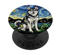 Alaskan Klee Kai Noche Estrellada Linda Obra de Arte Amante de los Perros PopSockets PopGrip Adhesivo