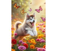 Alaskan Malamute Puppy in a field of colorful flowers Notebook - Large 6 x 9 inches - 127 Pages