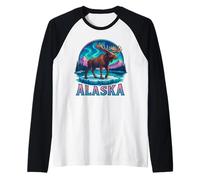 Alaskan Moose Northern Lights Aurora Alaska Viaje Vacaciones Camiseta Manga Raglan
