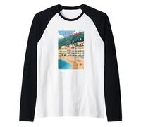 Alassio Sand Beach Ciudad Junto al mar Riviera Italiana Arte Camiseta Manga Raglan