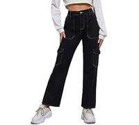 Alaster Queen Baggy Jeans Femeninos de Cintura Alta relajados Jeans Casuales Femeninos elástica Negro M