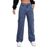 Alaster Queen Jeans Femeninos Cintura Alta elástica piernas Anchas Pantalones Vaqueros Moda Azul Oscuro XL