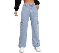 Alaster Queen Jeans Femeninos Cintura Alta Vaqueros elásticos piernas Anchas Pantalones Vaqueros Moda Azul Claro S