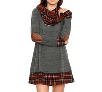 Alaster Queen Mujer Vestido Casual A-Line Manga Larga Vestido de Otoño Moda Casual Plaid Cuello Cubierta Invierno Vestido de Manga Larga Mujer Gris XXL