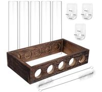 Alasum Juego de Maceteros de Vidrio Soporte de Madera y Tubos de Ensayo para Propagación Colgante en Pared, Kit 5 Recipientes Transparentes, 1 Soporte 5 Agujeros y 2 Cepillos