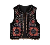 Alaurbeauty Chaleco floral con bordado vintage para mujer, Y2K, sin mangas, camiseta abierta, chaleco floral, cárdigan, chalecos, ropa de calle de lino, Negro , L
