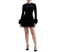 Alaurbeauty Minivestido de cóctel para mujer, manga larga, cuello redondo, dobladillo de plumas, terciopelo elástico, Negro , L