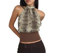 Alaurbeauty Y2K - Camiseta de tirantes para mujer, diseño de lunares, cuello halter, con espalda abierta, marrón claro, S