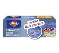 Albal Bolsas Congelación Ultra Zip 1 Litro, Fabricadas con 70% de Materiales Reciclados, Muy Resistentes, Reutilizables, Reciclables, Cierre Ultra-Zip Hermético, 20 Bolsas Medianas. Libres de BPA