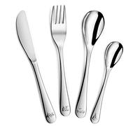 Albert de Thiers Kiddo - Juego de 4 cubiertos para niños (1 cuchillo + 1 tenedor + 1 cuchara de sopa + 1 cuchara de café, manga grabada y hojas de acero inoxidable, caja de almacenamiento de madera