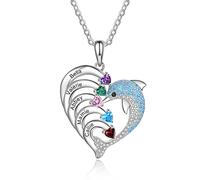 ALBERTBAND Collar Personalizado Delfines Forma de Corazón con 2-8 Nombres Colgante de Piedra Natal Grabada para Mujer Collar de Promesa Familiar para Joyería del día de San Valentín (5 names)