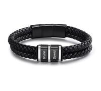 ALBERTBAND Pulsera de Cuero Personalizada para Hombre Nombre Pulsera de Acero Negro Plata Regalo para Papá Día del Padre Esposo San Valentín Abuelo Navidad (2 NAME)