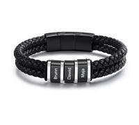ALBERTBAND Pulsera de Cuero Personalizada para Hombre Nombre Pulsera de Acero Negro Plata Regalo para Papá Día del Padre Esposo San Valentín Abuelo Navidad (3 NAME)