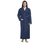 Albornoz con capucha para hombre, longitud larga, 100% tela de rizo de algodón, Azul marino, L-XL