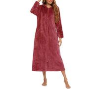 Albornoz con cremallera para mujer, bata de baño cálida y acogedora, bata de baño súper suave con capucha, camisón para otoño e invierno, ropa para el hogar, color negro, Vino, M