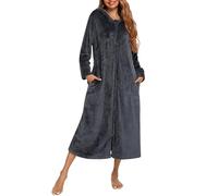 Albornoz con cremallera para mujer, bata de baño cálida y acogedora, bata de baño súper suave con capucha, camisón para otoño e invierno, ropa para el hogar, color negro, gris, XXL