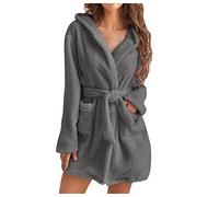 Albornoz de mujer corto de forro polar de invierno, albornoz con bolsillos capucha y cinturón, cálido albornoz de baño peludo curvo para hotel y spa de lujo albornoz de gimnasio mujer ligero, 01-Gris,