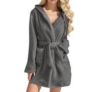 Albornoz de mujer de felpa cálido y esponjoso, bata de casa, albornoz para sauna, bata de mañana, kimono de forro polar, felpa suave y acogedora con bolsillos, bata de baño, gris, S