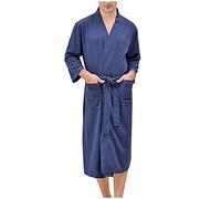 Albornoz de punto gofre para hombre, ligera, fina, manga 3/4, cuello en V, súper suave, transpirable, acogedora ropa de descanso con bolsillos para todas las estaciones, azul marino, M