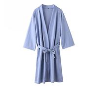 Albornoz de punto gofre para hombre, ligera, fina, manga 3/4, cuello en V, súper suave, transpirable, acogedora ropa de descanso con bolsillos para todas las estaciones, azul claro, M