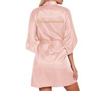 Albornoz de satén corto kimono de manga 3/4, bata de casa oblicua con cuello en V, vestido de baño sexy, japonés, con cinturón, para novia, boda, luna de miel, letras, ropa de dormir, O rosa., M