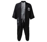 Albornoz kimono para hombre, cárdigan japonés con manga 3/4 y pantalones, samurai yukata tradicional para Halloween, O negro., XL
