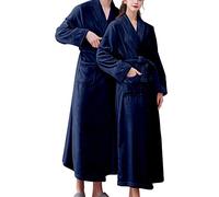 Albornoz largo y esponjoso para mujer, bata de baño de longitud completa con cinturón y bolsillo, unisex, cuello de chal, batas de felpa con cuello en V, bata de lujo de toalla gruesa, azul marino