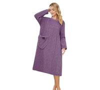 Albornoz Mujer - Bata de Baño Larga de Color Liso de Forro Polar Coral con Bolsillos Diseño de Punto Y Cuello Redondo para Máxima Comodidad Y Calidez En Casa (Purple L)