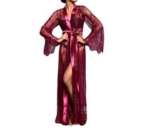 Albornoz Mujer de Encaje Transparente con Satén Cinturón, Bata Kimono Larga Playa, Camisón Tipo Dormir o Hogar Lencería Sexy Manga Larga (FR/ES, Letras, Talla única, Regular, Regular, Borgoña)