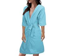 Albornoz para mujer, 100% algodón, albornoz corto, ligero, tallas grandes, bata elegante, pijama con cinturón, bata de 1/2 brazo, camisón de noche, pijama para otoño/primavera/verano, azul, L