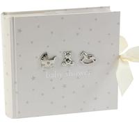 Álbum de fotos Bambino para baby shower, diseño en blanco con estrellas plateadas e iconos, 15,25 x 10 cm