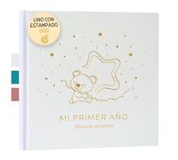 Album Fotos Bebe Mi Primer Año con Portada en Tela Lino y 75 Páginas - Libro Recuerdos Bebe con Pegatinas Ideal como Regalo Bebe Recien Nacido Niño y Niña Regalo Baby Shower - Album Bebe Primer Año