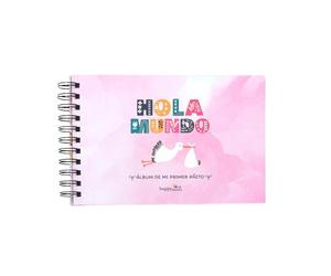 Album Fotos Bebé Niña HappyMots | 22cm x 15cm | Hola Mundo | Viene con Caja Protectora | Album Bebé para Pegar Fotos y Escribir | Set de Pegatinas Decorativas Incluido