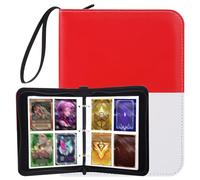 Album para Cartas, 50 Páginas Pueden Contener 400 Tarjetas, Álbum de Cartas Coleccionables, PU Carpeta Cromos Cremallera, Carpeta de Cartas de 4 Bolsillos Impermeable Transparente (Rojo+Blanco)