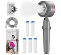 Alcachofa de Ducha Alta Presión con Filtro Antical,Cabezal de Ducha 4 Modos con Función de Masaje,Ahorro de Agua,Kit con Manguera 1.5M,5 Filtros y Soporte,Botón de Parada ON/OFF,Ajuste Estándar